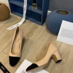Chanel Beige And Black Leather Cap-Toe Block Heel Pumps