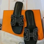 Hermes Oran Sandals Black, Sliver Diamond