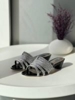 Gina Women's Black Rhinestone Studded Low Heel Sandal